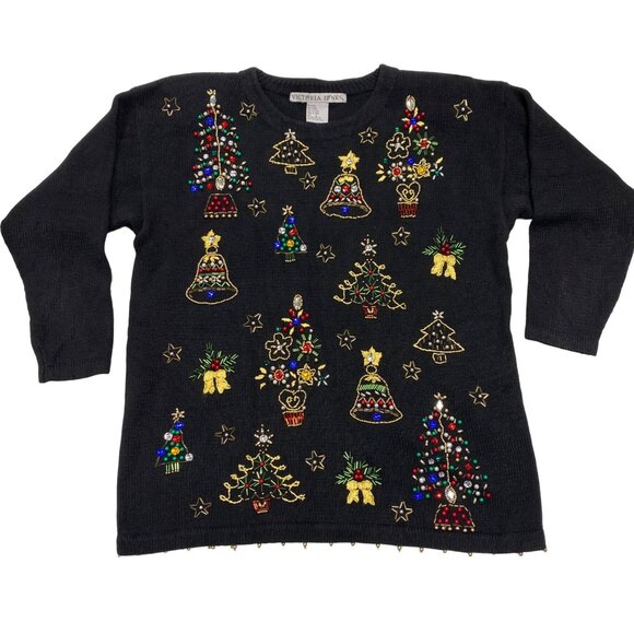Womens Vtg Christmas Sweater Victoria Jones Black Beaded Tunic Shoulder Pads L - Picture 1 of 16